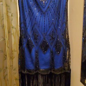 Cobalt Navy Blue Flapper Beaded Dress with Fringe